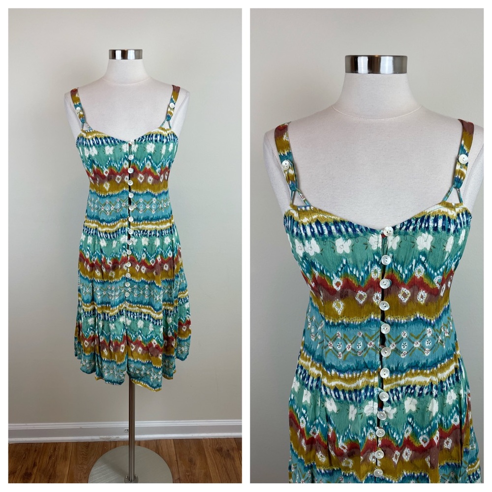 Phool Green Blue Brown Geometric Bohemian Button Front Boho Dress Women Medium